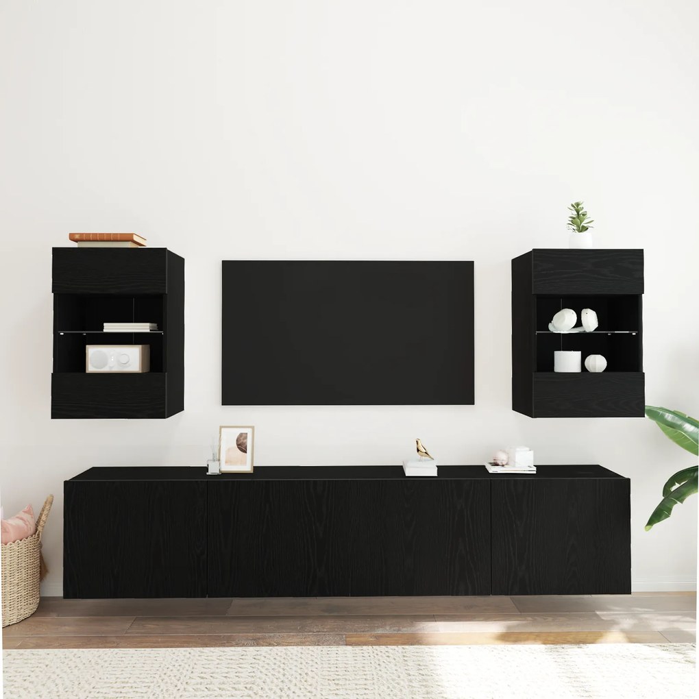 vidaXL LED Κατασκευή τηλεόρασης 2 τεμ Μαύρη Δρυς 40x30x60,5 εκ Επεξεργασμένο ξύλο