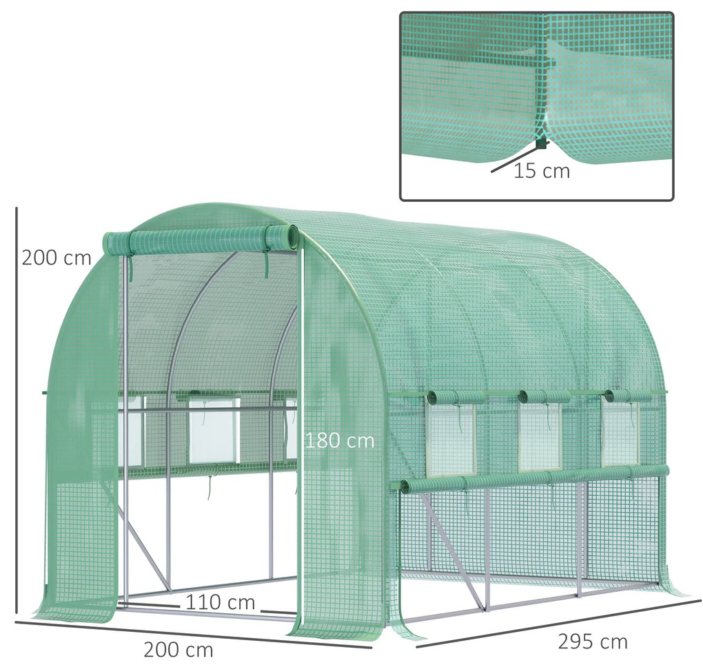 Outsunny Θερμοκήπιο από φιλμ, 6 παράθυρα που ξεδιπλώνονται, πόρτα με φερμουάρ, σκελετός από ανοξείδωτο ατσάλι, 2,95 x 2 x 2 m, Πράσινο