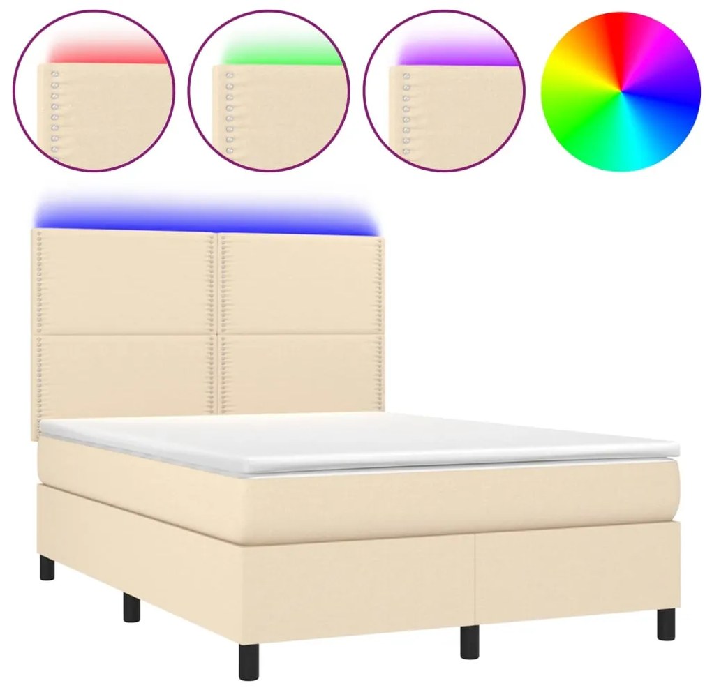 vidaXL Κρεβάτι Boxspring με Στρώμα &amp; LED Κρεμ 140x200 εκ. Υφασμάτινο