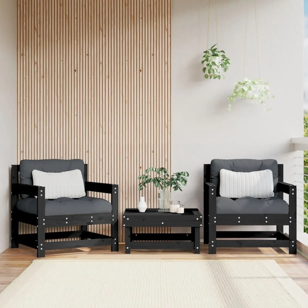 Καρέκλες Κήπου με Μαξιλάρια 2 τεμ. Μαύρες από Μασίφ Ξύλο Πεύκου - Μαύρο