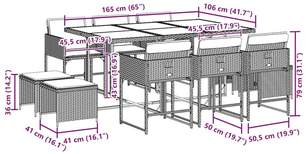 vidaXL Σετ Τραπεζαρίας Κήπου 11 Τεμαχίων Γκρι Συνθ. Ρατάν με Μαξιλάρια