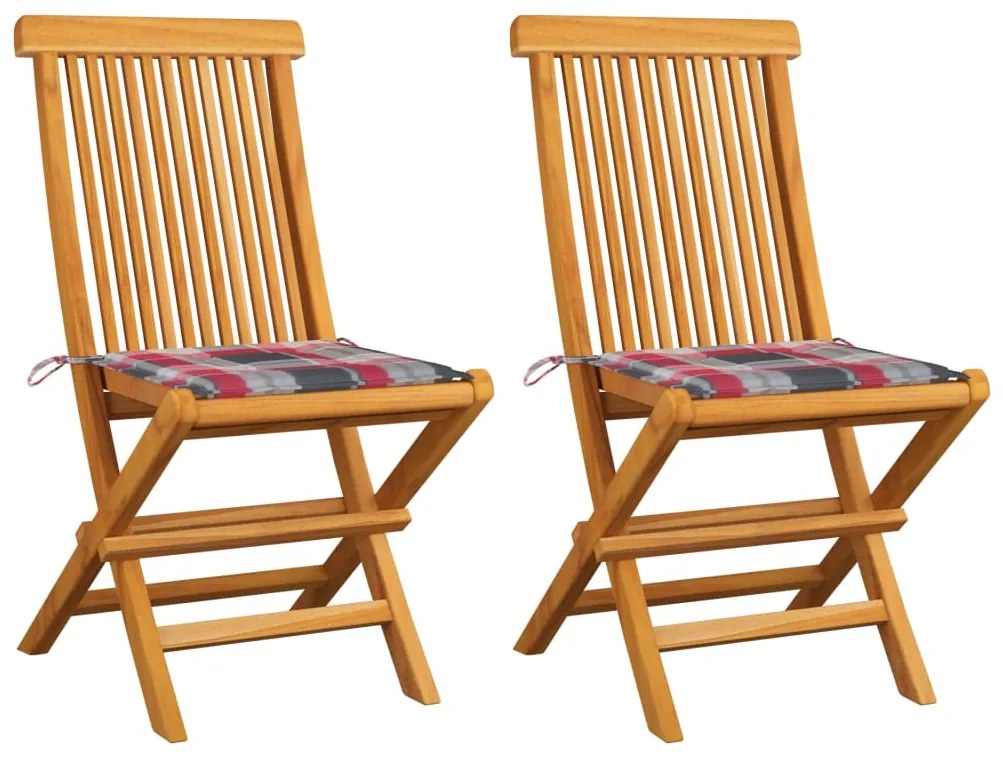 vidaXL Καρέκλες Κήπου 2 τεμ. Μασίφ Ξύλο Teak με Κόκκινα Καρό Μαξιλάρια