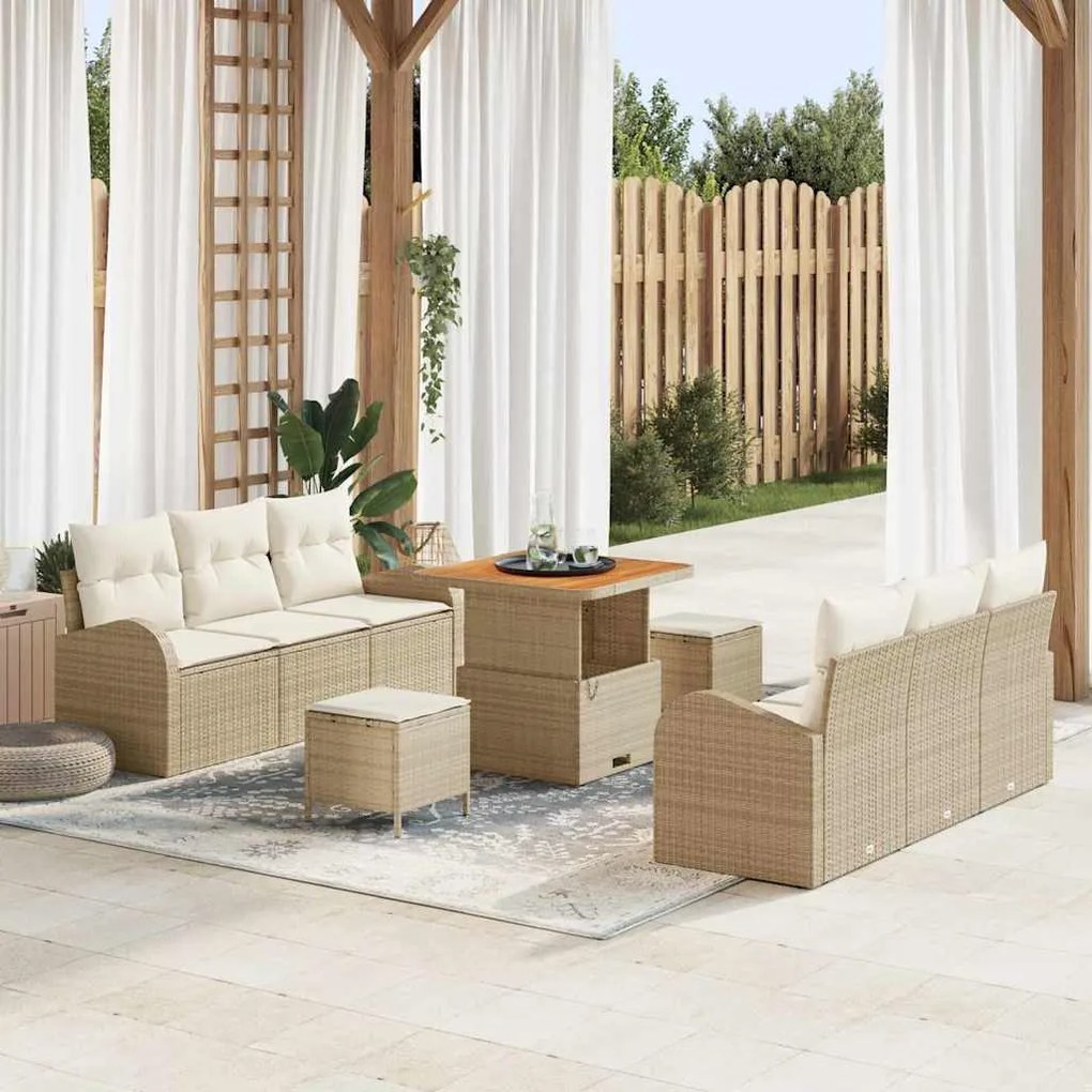 vidaXL Σετ Καναπέ Κήπου με μαξιλάρι 9 pcs Μπεζ Πολυ ράταν