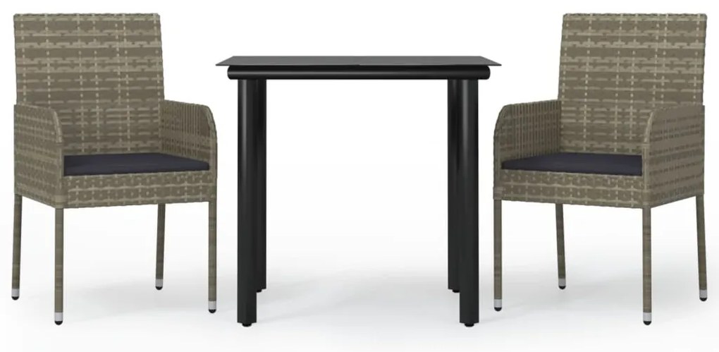 vidaXL Σετ Τραπεζαρίας Κήπου 3 τεμ. Μαύρο/Γκρι Συνθ.Ρατάν με Μαξιλάρια