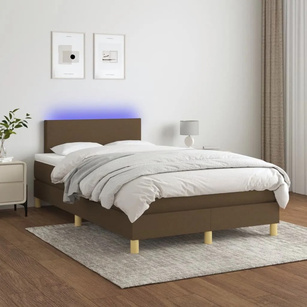 vidaXL Κρεβάτι Boxspring με Στρώμα & LED Σκ.Καφέ 120x190εκ. Υφασμάτινο