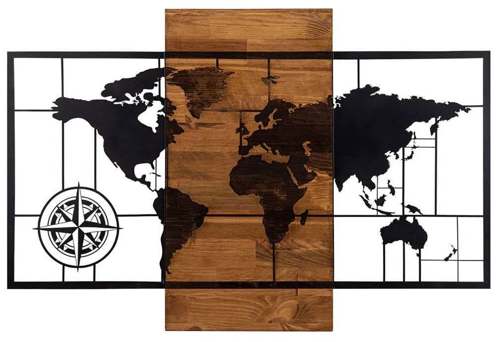 Διακοσμητικό Τοίχου World Map 279ENZ1744 85x58cm Walnut-Black Wallity Μέταλλο,Ξύλο