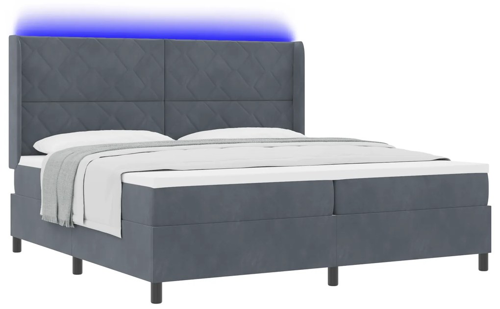 vidaXL Κρεβάτι Box Spring με Στρώμα & LED Σκούρο Γκρι 200x200 εκ. Βελούδο