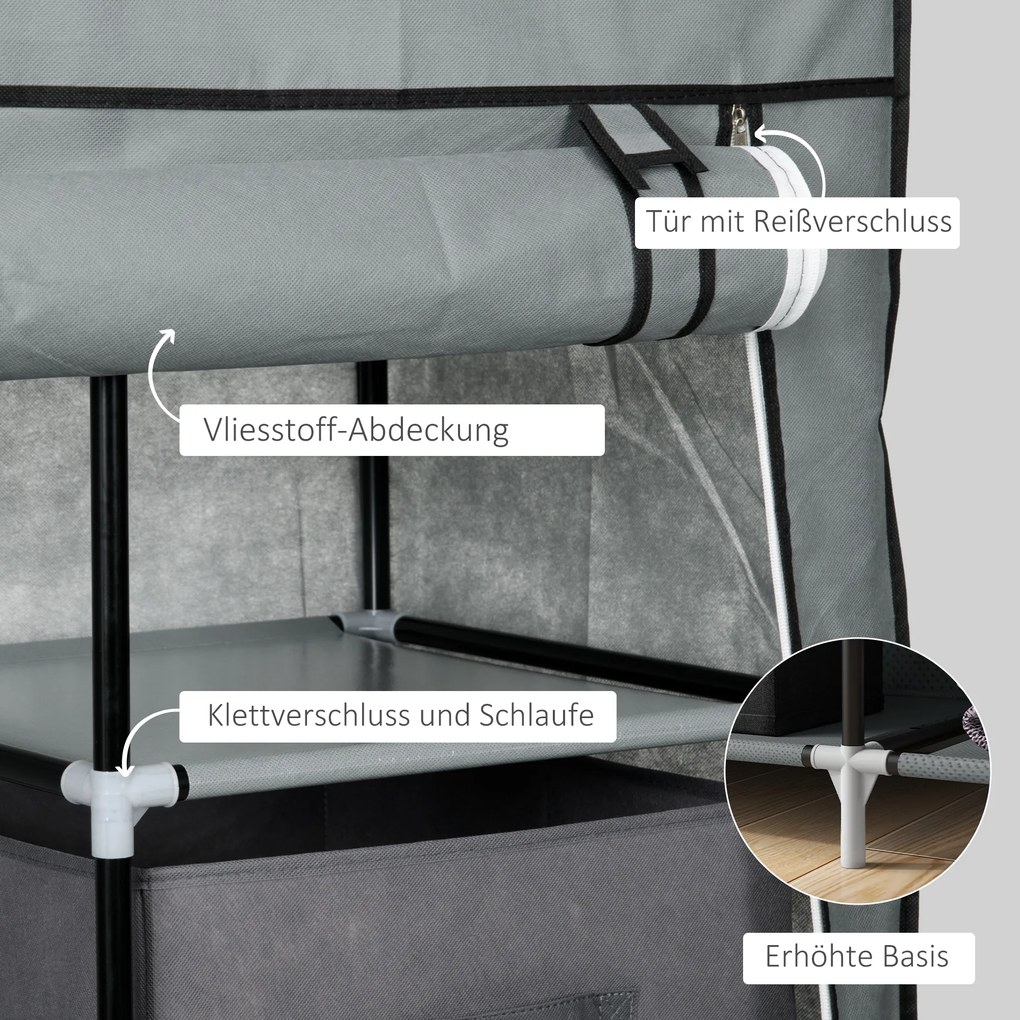 HOMCOM Υφασμάτινη ντουλάπα πτυσσόμενη ντουλάπα, 1 ράβδος ρούχων, 6 ράφια, 102 x 42,5 x 162,5 cm, Γκρι