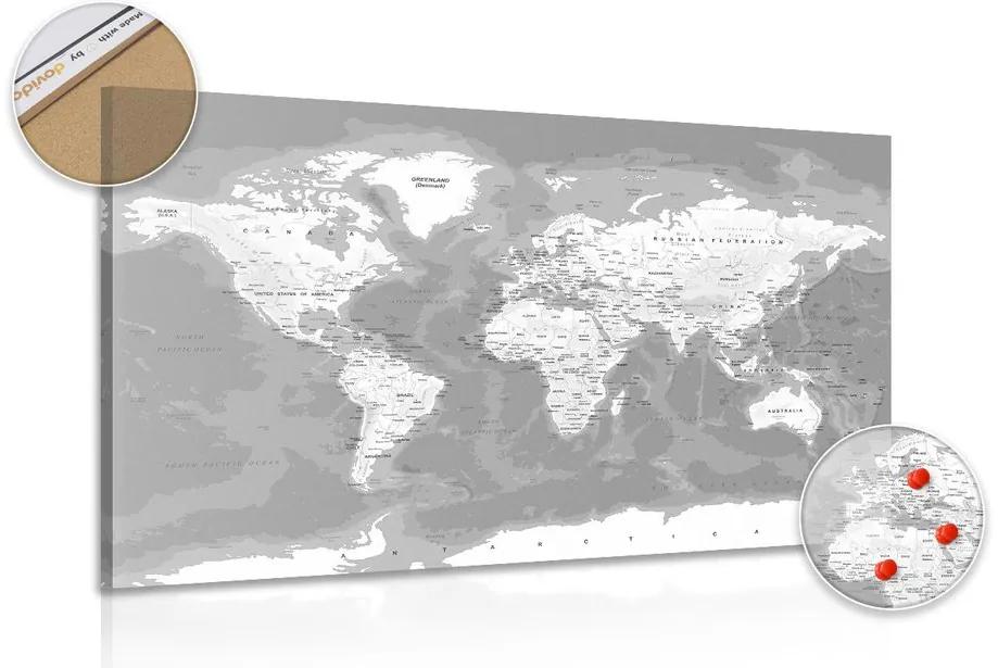 Εικόνα ενός μοντέρνου ασπρόμαυρου παγκόσμιου χάρτη σε φελλό - 90x60  peg