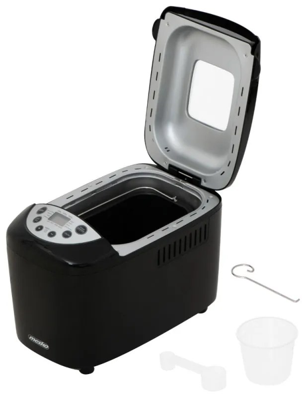 Mesko MS 6022 αρτοπαρασκευαστής, 1/1,5 kg, 850 W, 15 προγράμματα, οθόνη LCD, διπλός αναδευτήρας, κινητό καλάθι, Μαύρο
