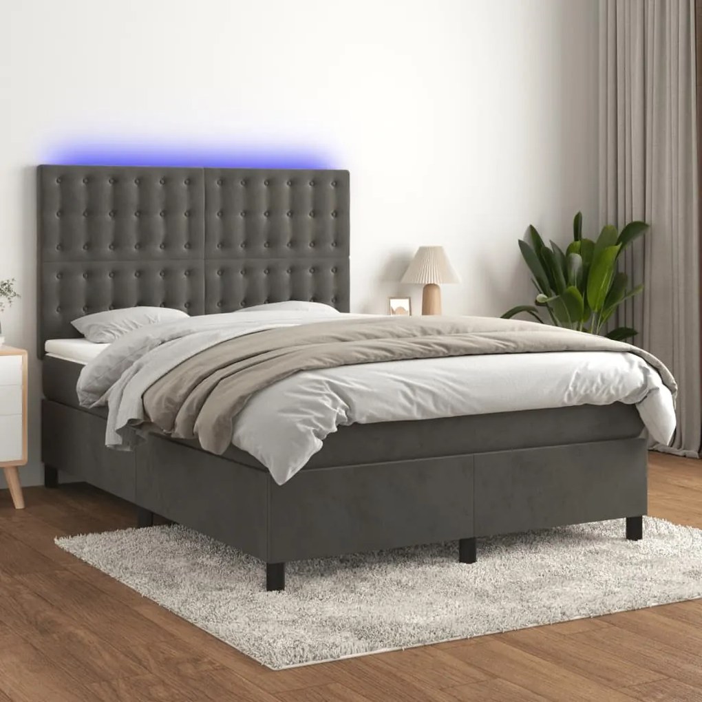Κρεβάτι Boxspring με Στρώμα & LED Σκ. Γκρι 140x190εκ. Βελούδινο