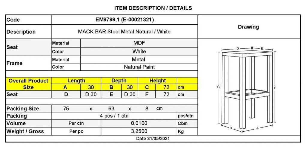 Σκαμπώ MACK BAR Μεταλ.Φυσικό/Άσπρο Φ30cm Η.72cm (Σετ 4 ΤΕΜ)
