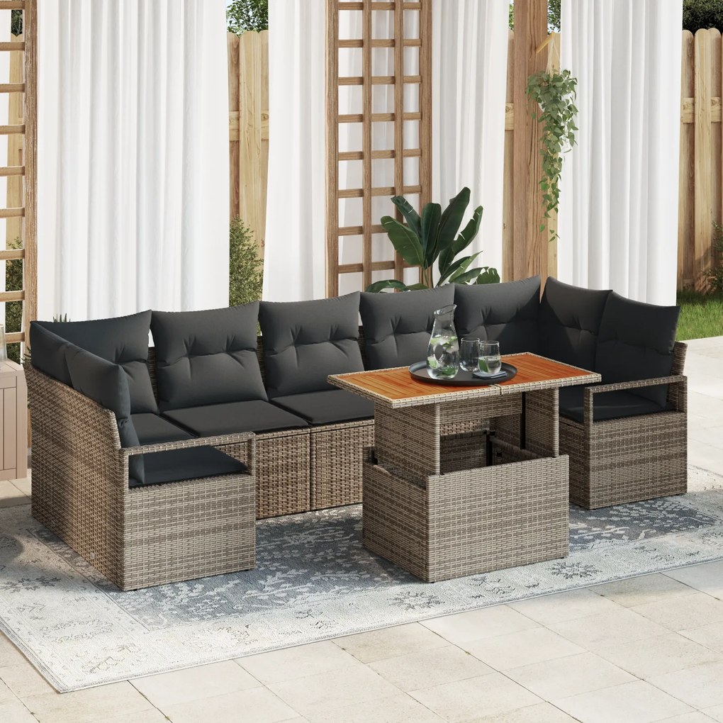 vidaXL Γκρι Σετ Καναπέ Κήπου 8 pcs Γκρι Μεγάλο Ρατάν και Πολυεστέρας