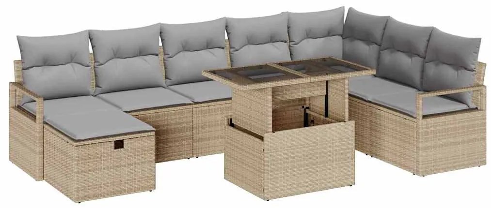 vidaXL Σετ Καναπέ Κήπου με μαξιλάρι 9 pcs Μπεζ Πολυ ράταν