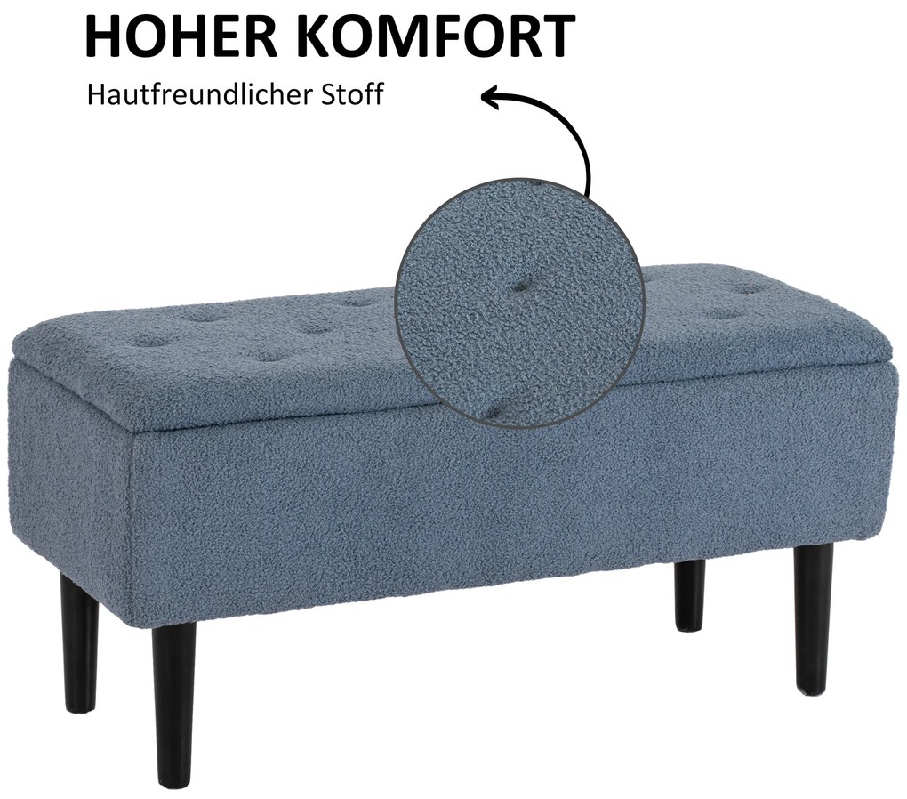 HOMCOM Πολυθρόνα αποθήκευσης, σεντούκι, όψη κασμίρ, έως 120 kg, πλαίσιο από φυσικό ξύλο, 95 x 38 x 45 cm, Μπλε