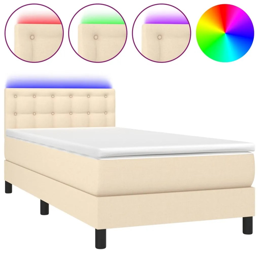 vidaXL Κρεβάτι Boxspring με Στρώμα &amp; LED Κρεμ 100x200 εκ. Υφασμάτινο