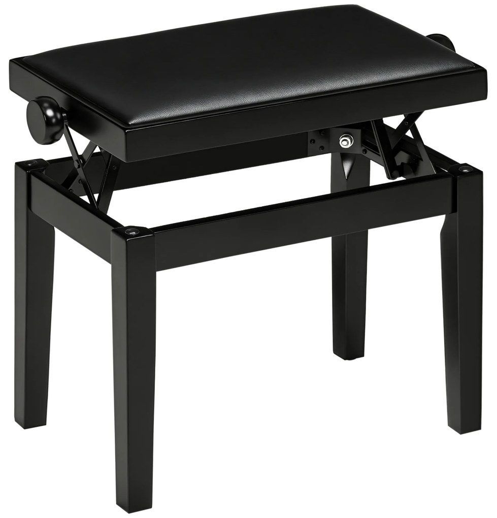 HOMCOM Πιανο-σκαμπό, σκαμπό πιάνου, ρυθμιζόμενο ύψος, κομψό γυαλιστερό φινίρισμα, συνθετικό δέρμα+καουτσούκ ξύλο, μαύρο, 63 x 33 x 56cm