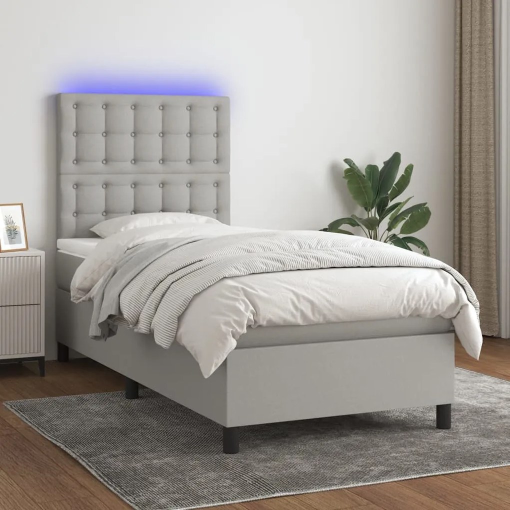 Κρεβάτι Boxspring με Στρώμα & LED Αν.Γκρι 90x190 εκ. Υφασμάτινο