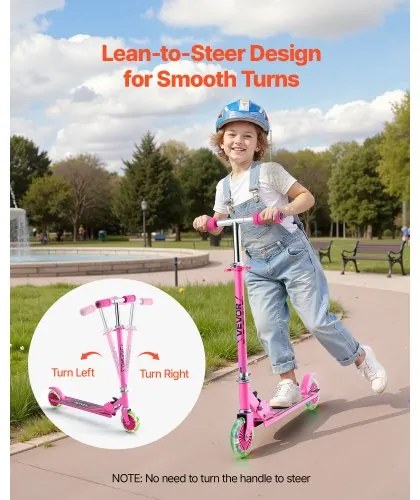 VEVOR Kick Scooter for Kids Ages 3+, 2-Wheel Toddler Scooter with Light-Up Wheels, Adjustable Height Handlebar, Wide Anti-Slip Deck, Foldable Lightweight Frame for Boys and Girls up to 49.9 kg, Pink
