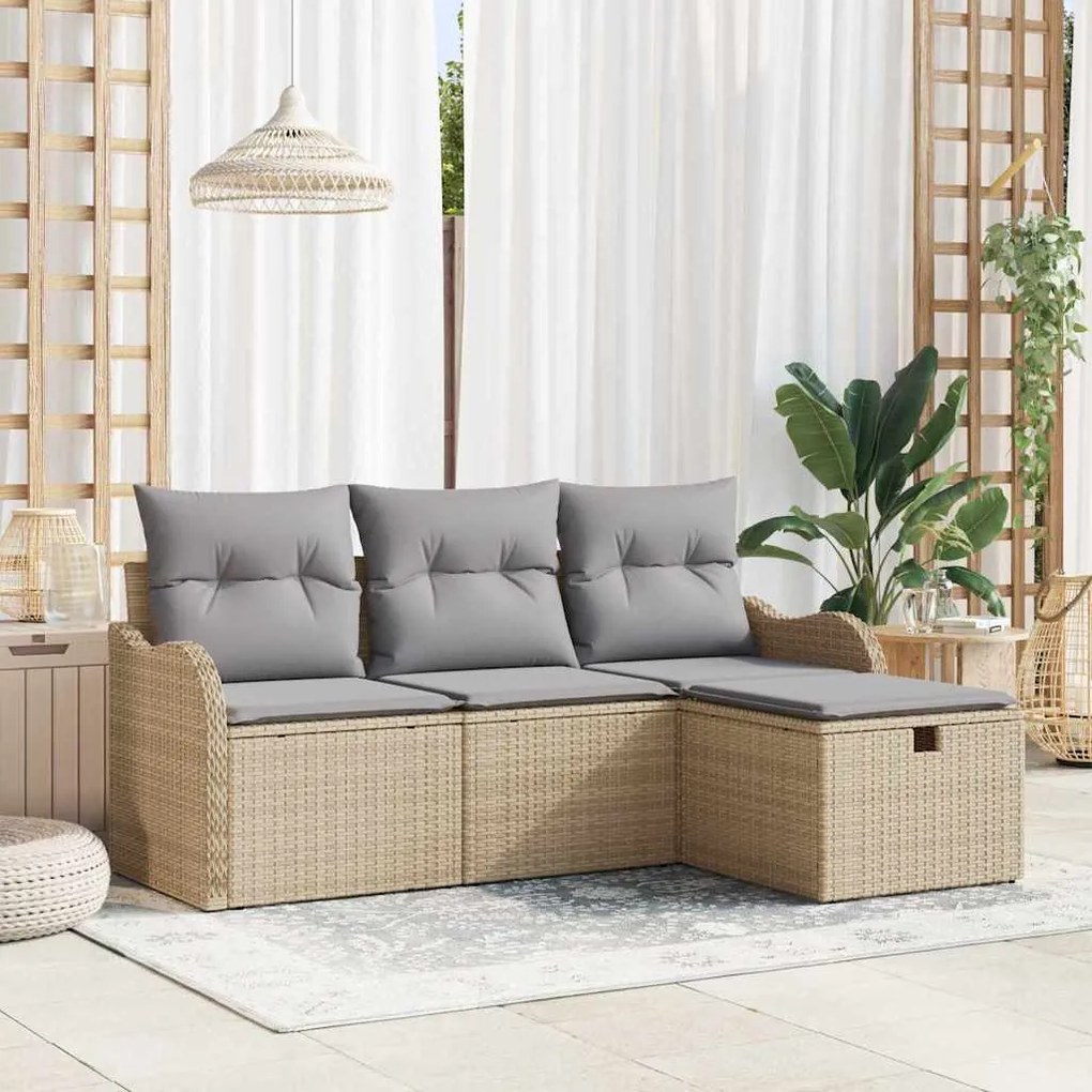 vidaXL Σετ Καναπέ Κήπου με μαξιλάρι 4 pcs Μπεζ Πολυ ράταν