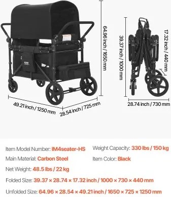 VEVOR Wagon Stroller for 4 Kids Push Pull Collapsible Stroller 330LBS Loading