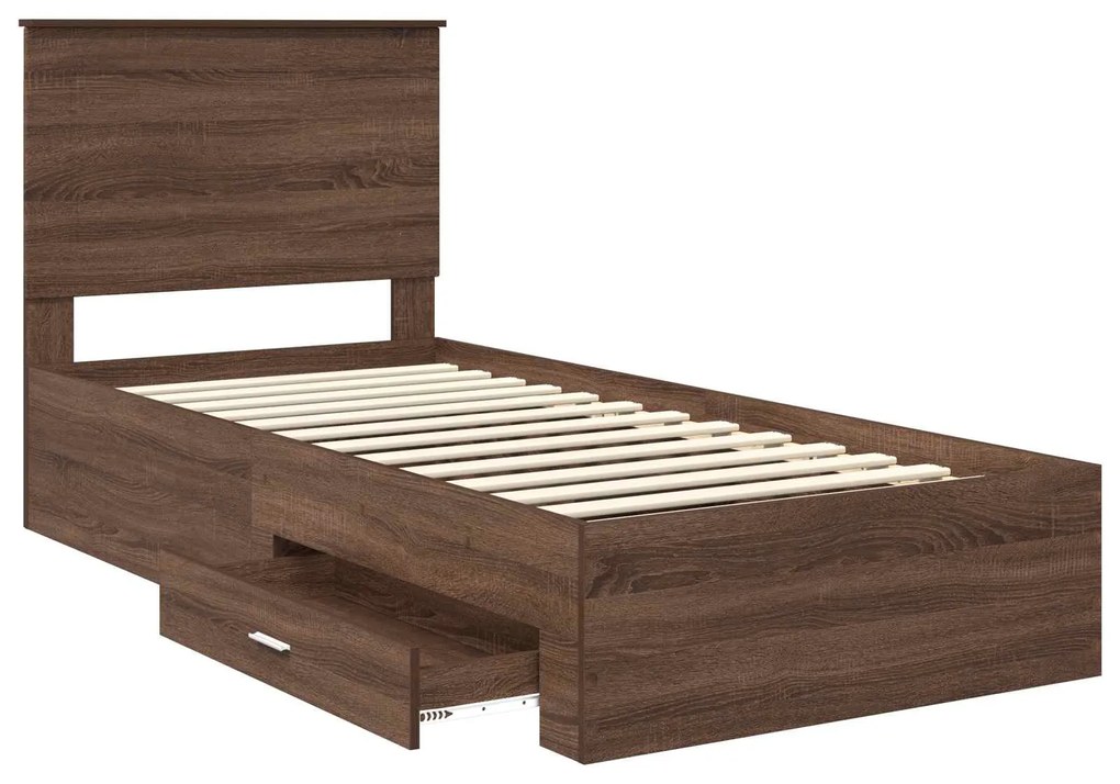 vidaXL Σκελετός Κρεβατιού με συρτάρι Καφέ Δρύινο και Ασημί 75 x 190 cm