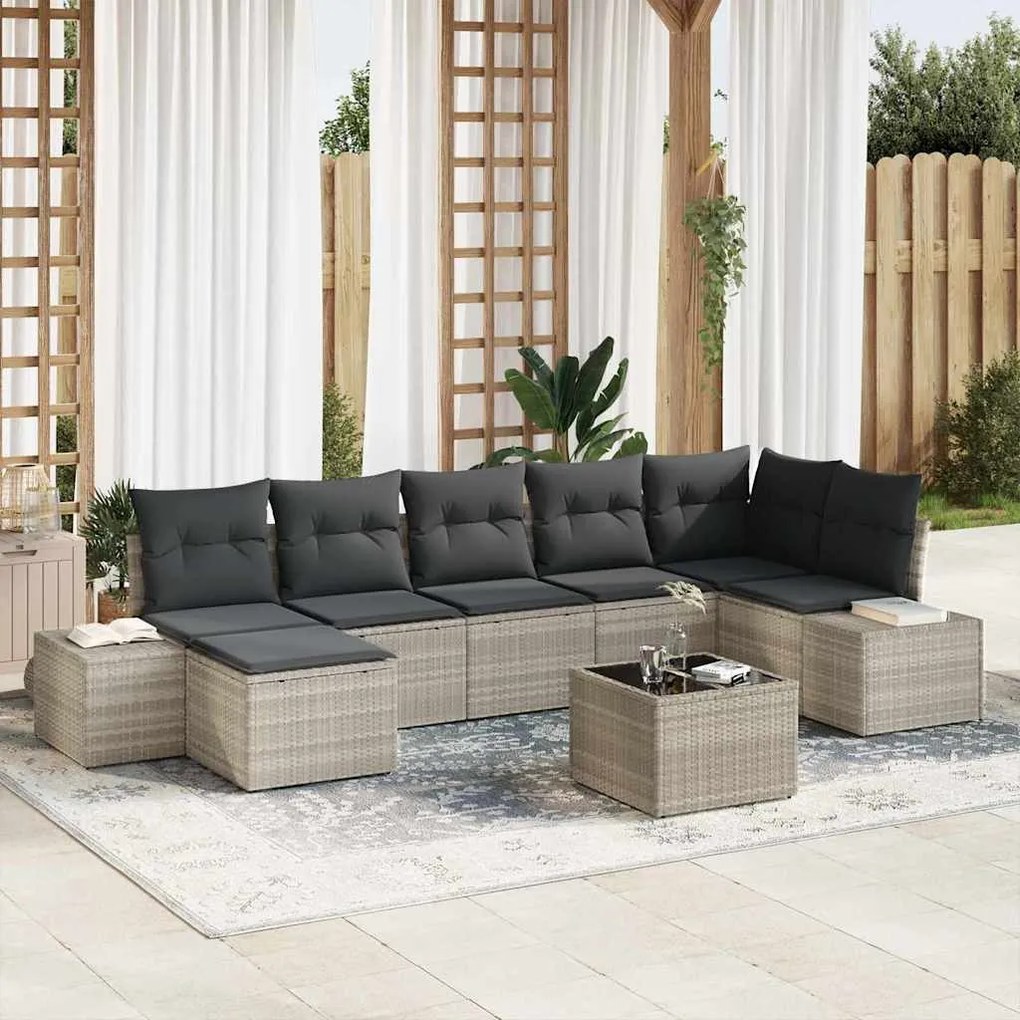 vidaXL Σετ Καναπέ Κήπου με μαξιλάρι 8 pcs Ανοιχτό γκρι Πολυ ράταν