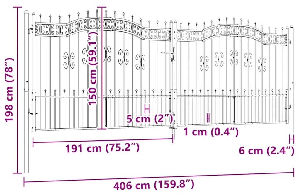 vidaXL Πόρτα Περίφραξης με Κορυφή Δόρυ Μαύρη 406x150 εκ. από Ατσάλι με Ηλεκτροστατική Βαφή