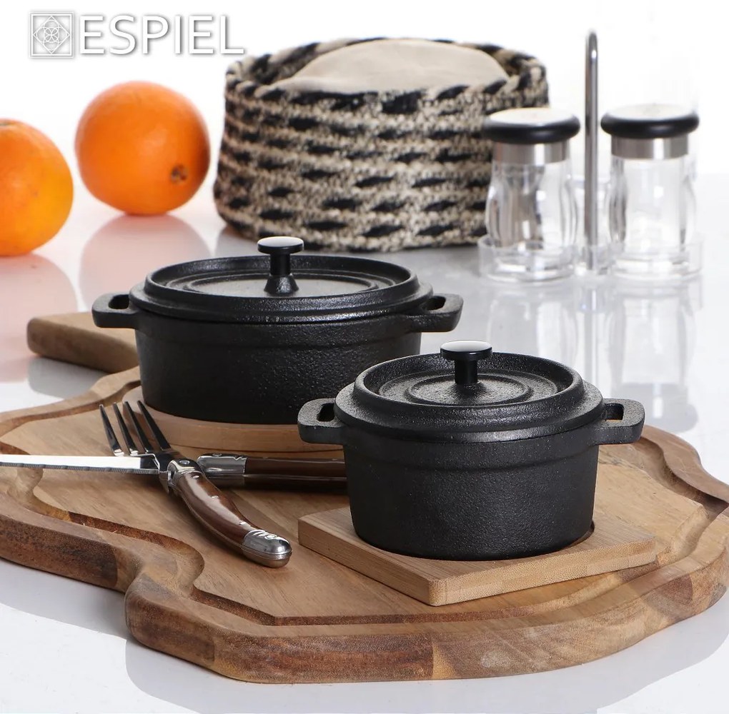 ΚΑΤΣΑΡΟΛΑ CAST-IRON ΜΑΥΡΗ D: 10 H: 8CM  250ML ΜΕ ΒΑΣΗ BAMBOO | Συσκευασία 2 τμχ