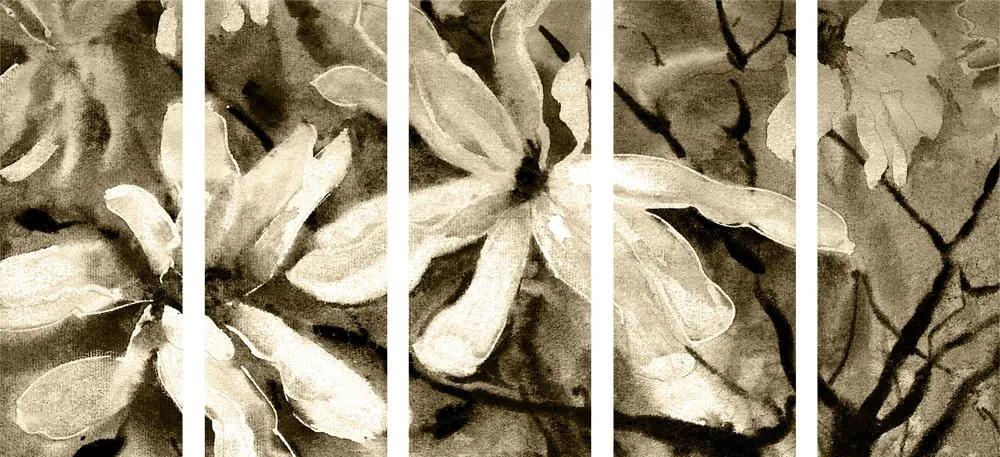 Δέντρο ακουαρέλας λουλουδιών 5 τμημάτων σε σχέδιο σέπια - 100x50
