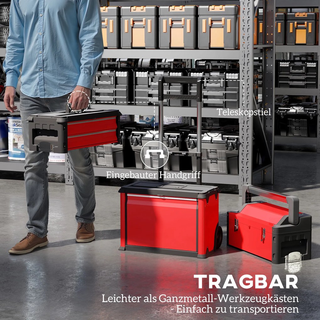 HOMCOM Σετ εργαλειοθήκης 3 επιπέδων, με τροχούς, που κουμπώνουν, ατσάλι, πλαστικό