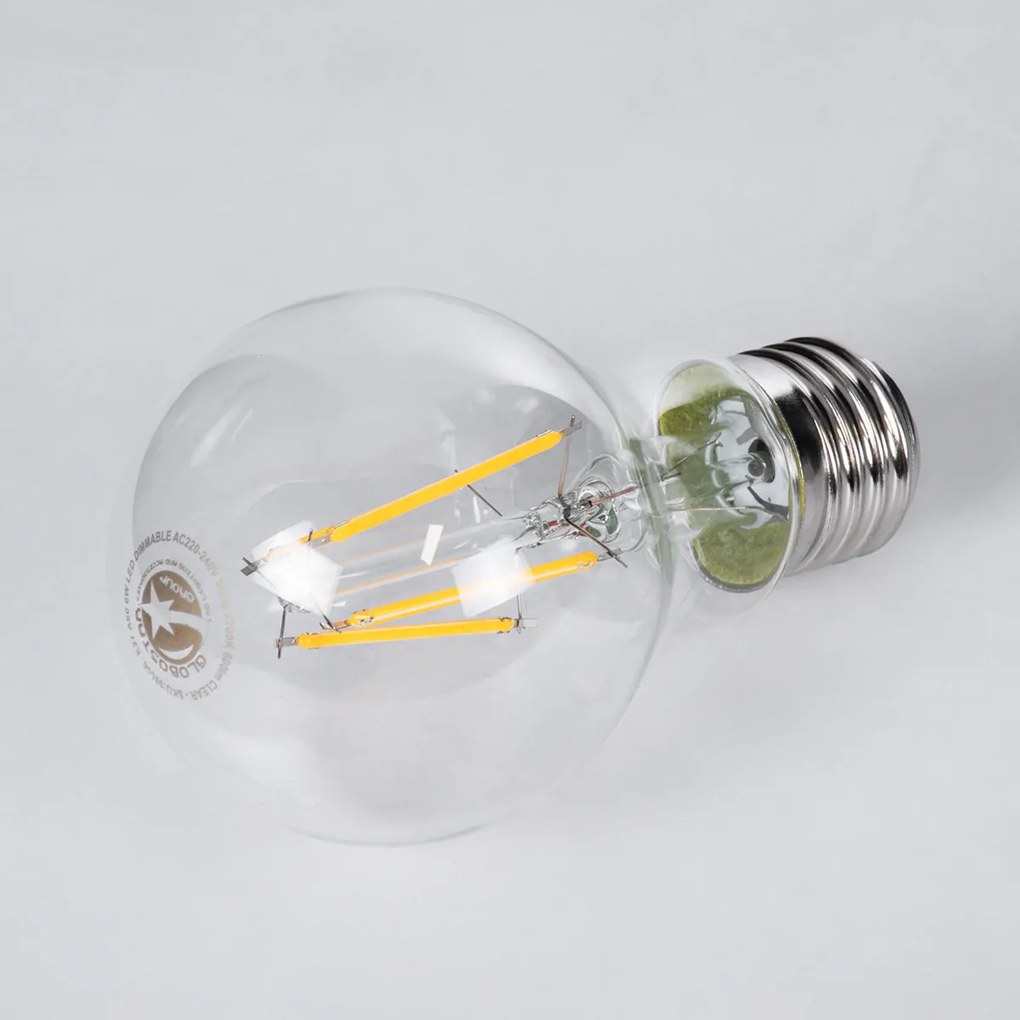 GloboStar® 99006 Λάμπα LED Long Filament E27 A60 Γλόμπος 6W 600lm 360° AC 220-240V IP20 Φ6 x Υ10.5cm Θερμό Λευκό 2700K με Διάφανο Γυαλί - Dimmable - 3 Χρόνια Εγγύηση