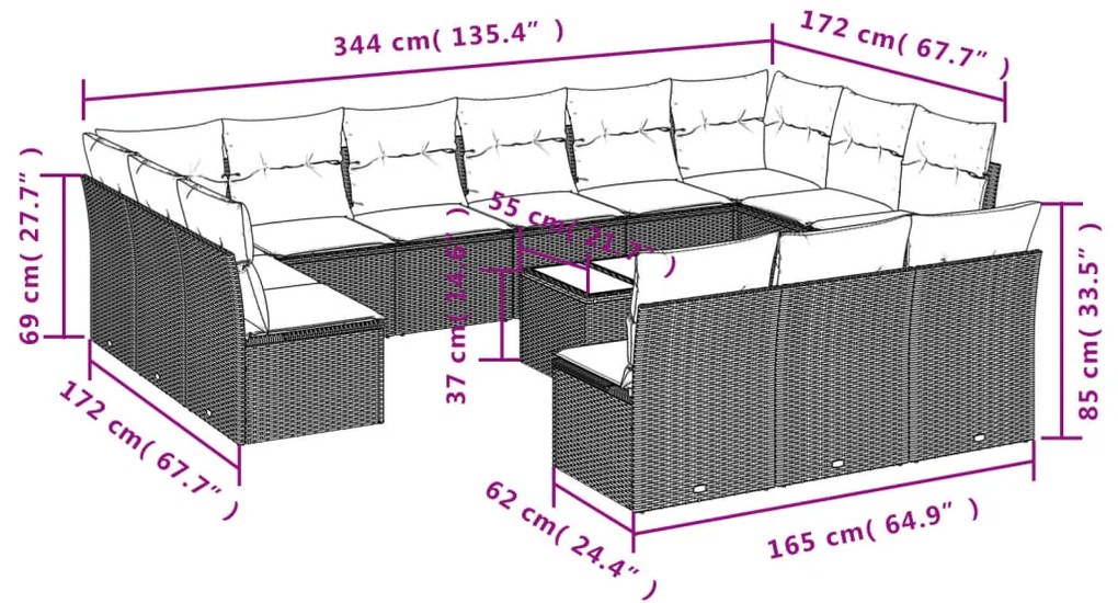 vidaXL Σαλόνι Κήπου 14 Τεμαχίων Γκρι από Συνθετικό Ρατάν με Μαξιλάρια