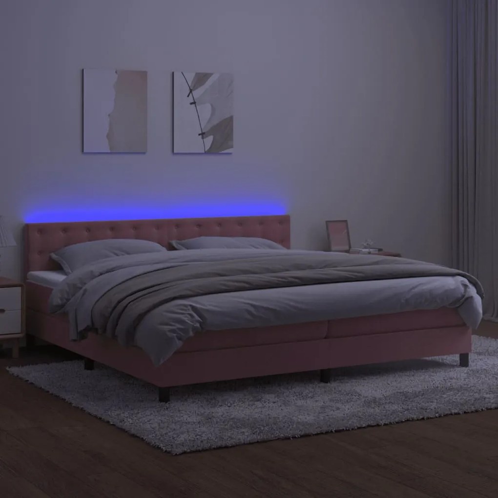 vidaXL Κρεβάτι Boxspring με Στρώμα & LED Ροζ 200x200 εκ. Βελούδινο