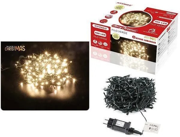 400 Χριστουγεννιάτικα Λαμπάκια LED Θερμό Λευκό 23Μ Εξωτερικού χώρου σε Σειρά με Πράσινο Καλώδιο Arrango AN79645