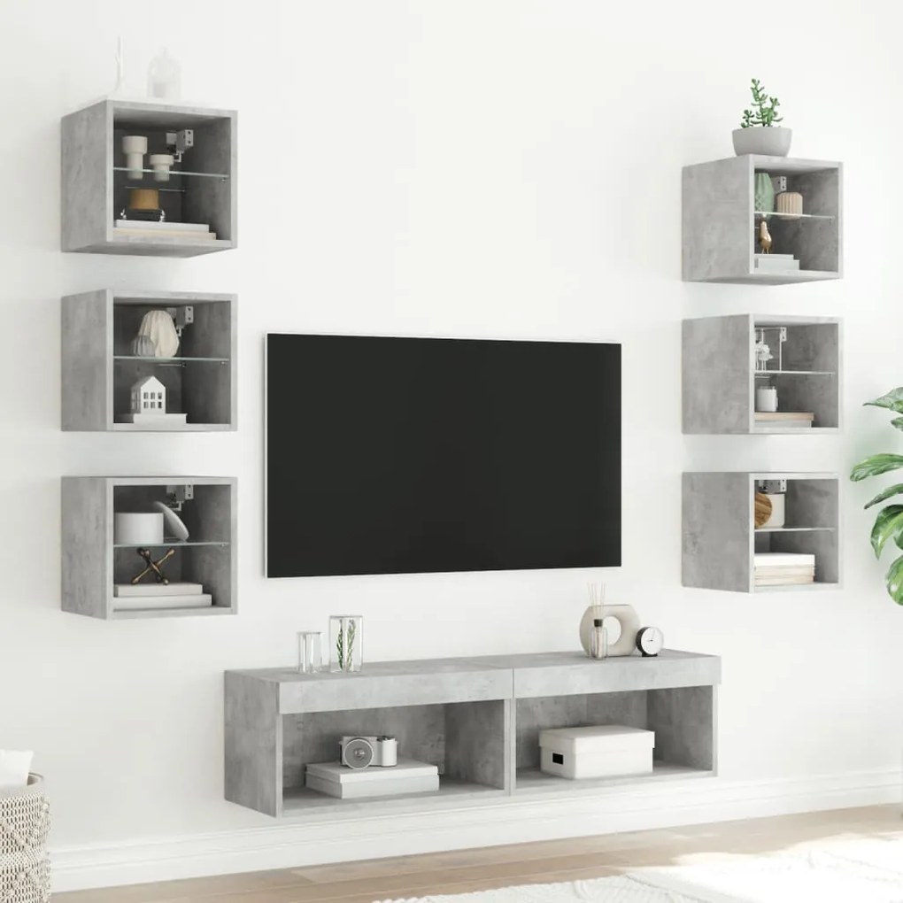 vidaXL Έπιπλα Τοίχου Τηλεόρασης 8 τεμ. LED Γκρι Σκυρ. από Επεξ. Ξύλο