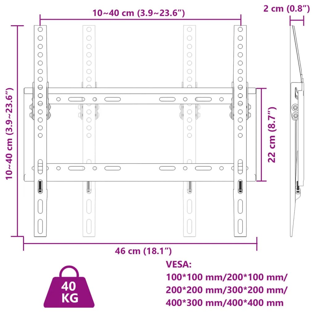 Βάση Τηλεόρασης Επιτοίχια για 26-63Ιν Max VESA 400x400χιλ. 40κ. - Μαύρο