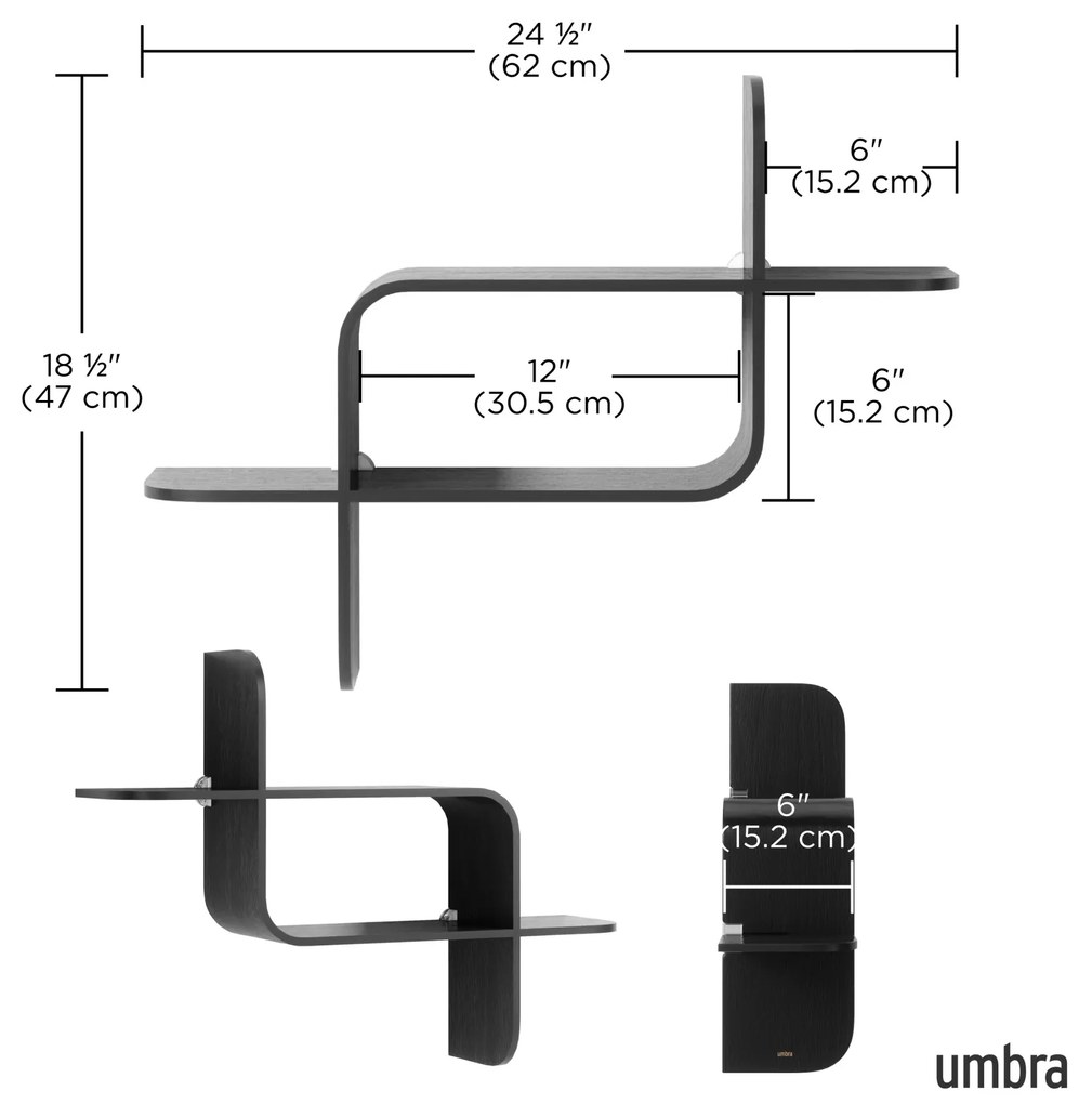 Umbra Montage μαύρο ξύλινο ράφι τοίχου 62x47x15εκ