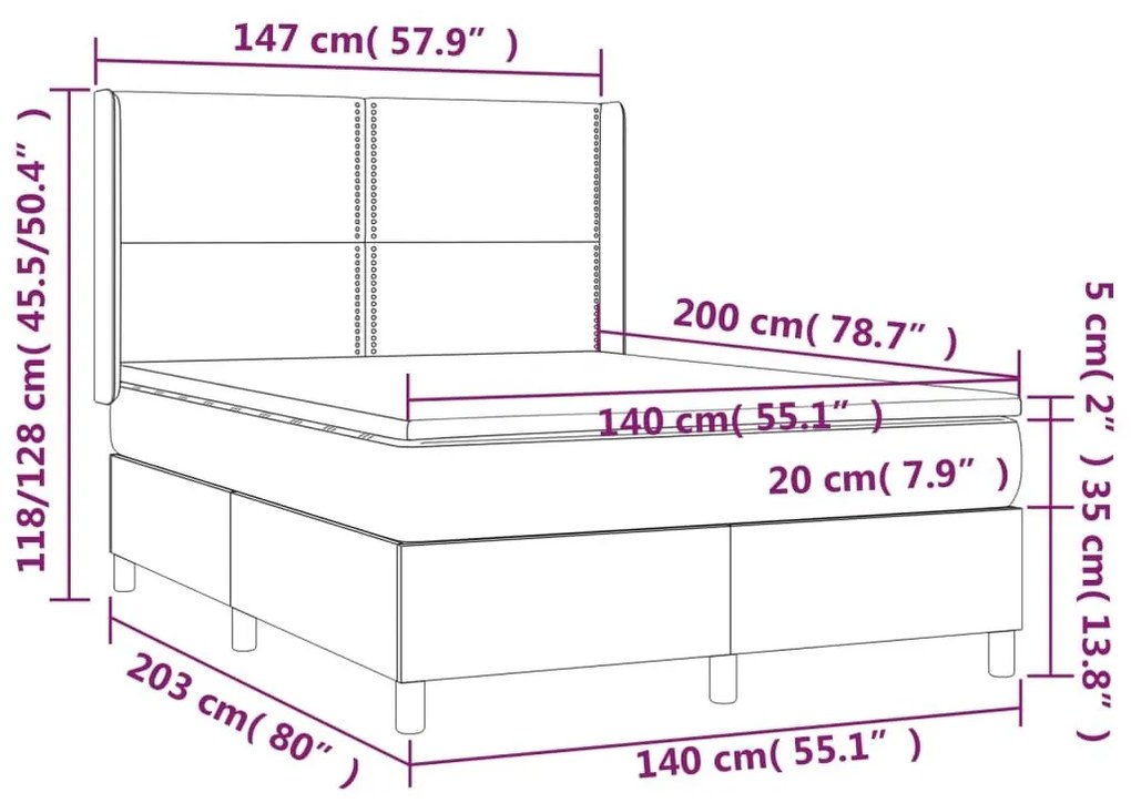 Κρεβάτι Boxspring με Στρώμα &amp; LED Κρεμ 140x200 εκ. Υφασμάτινο - Κρεμ