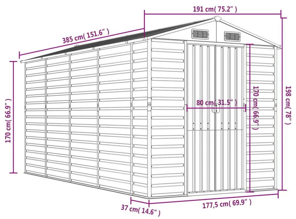 Αποθήκη Κήπου Ανοιχτό Γκρι 191x385x198 εκ. Γαλβανισμένο Ατσάλι - Γκρι