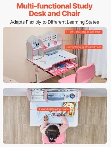 VEVOR Kids Study Chair and Desk with Bookshelf &amp; Drawer Adjustable Height Pink