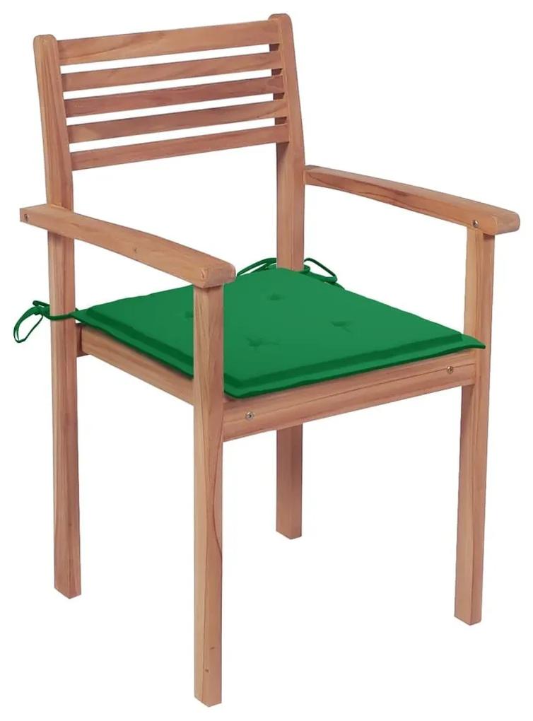 Καρέκλες Κήπου Στοιβαζ. 6 τεμ. από Μασίφ Ξύλο Teak με Μαξιλάρια - Πράσινο