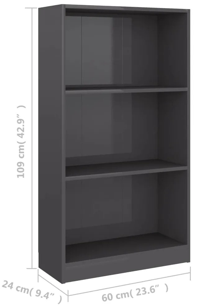vidaXL Βιβλιοθήκη με 3 Ράφια Γυαλ. Γκρι 60x24x109 εκ. Επεξεργ. Ξύλο