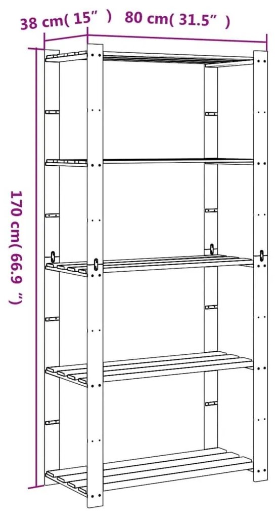 Ραφιέρα με 5 Ράφια Μαύρο 80 x 38 x 170 εκ. Μασίφ Ξύλο Πεύκου - Μαύρο