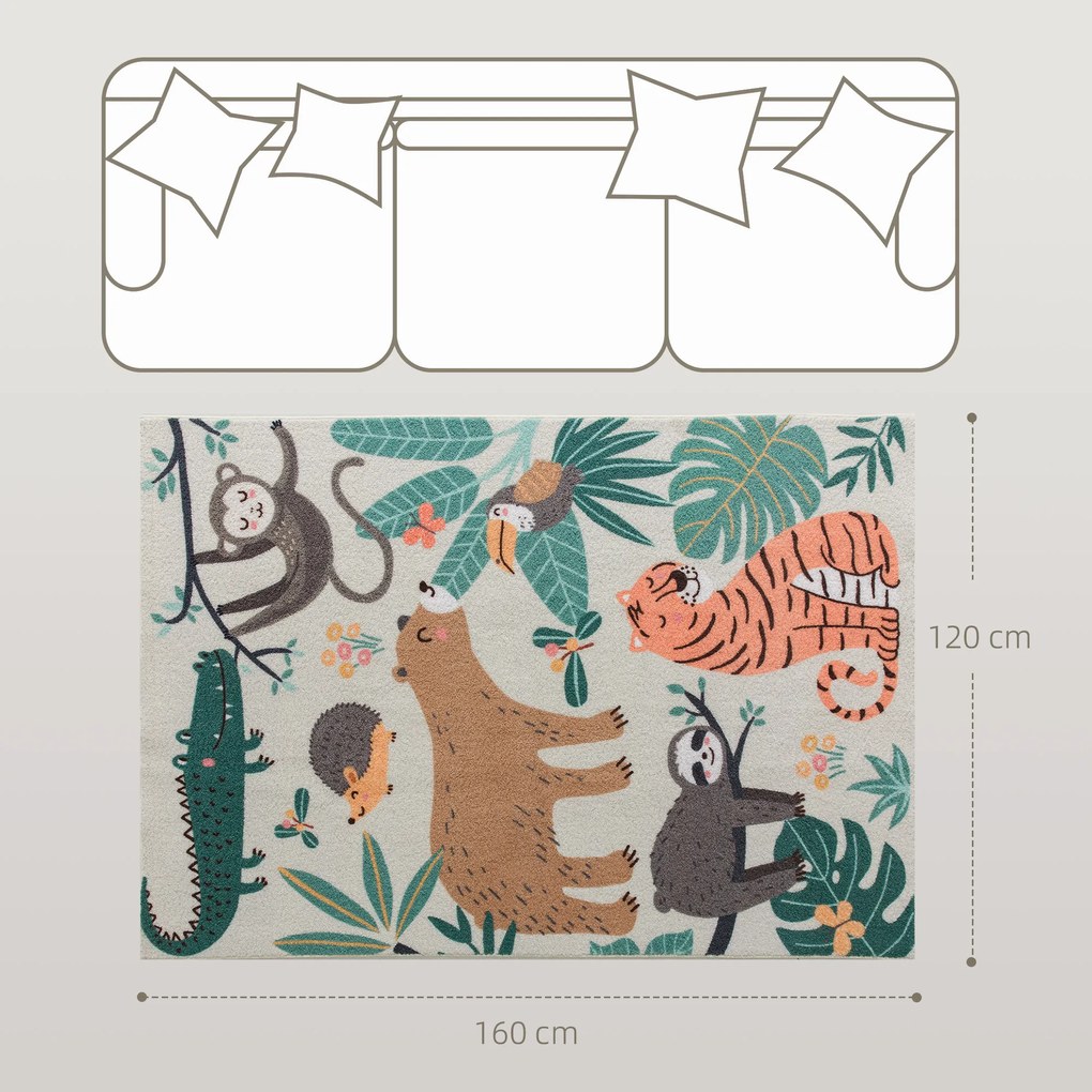 HOMCOM Χαλάκι από Φλις με Σχέδιο Ζούγκλας, Εύκολο στη Φροντίδα, Κρεμ Λευκό+Πολύχρωμο