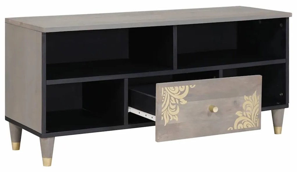 vidaXL Ντουλάπι TV Γκρι και Χρυσό 100 x 33.5 x 46 εκ Μασίφ ξύλο μάνγκο