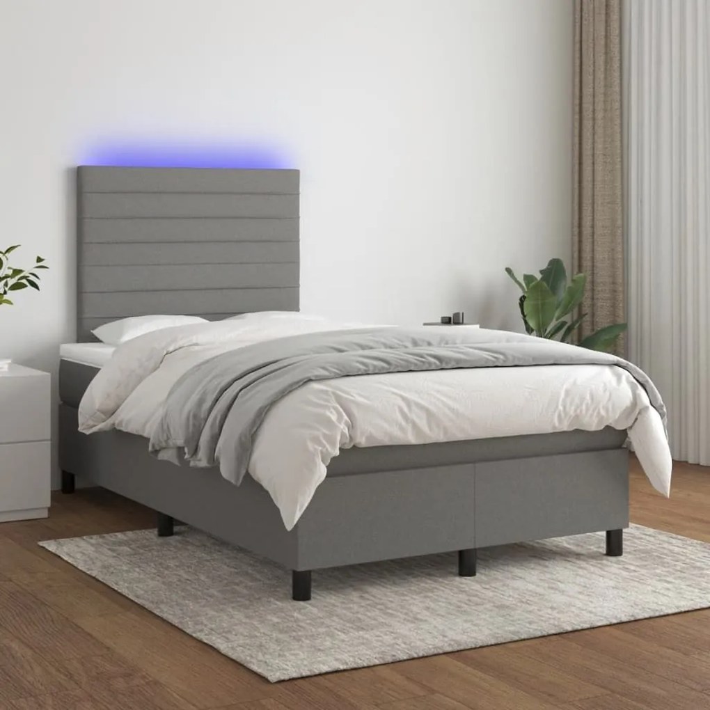 Κρεβάτι Boxspring με Στρώμα &amp; LED Σκ.Γκρι 120x190εκ. Υφασμάτινο - Γκρι