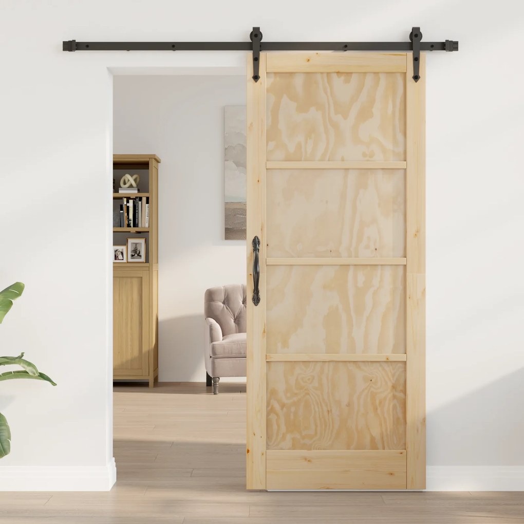 vidaXL Συρόμενη Πόρτα με Σετ Υλικών 83x202 εκ. Συμπαγές Ξύλο Πεύκου