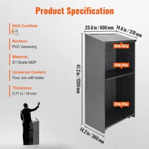 VEVOR Podium Stand, 47 in Hostess Stand with 4 Rolling Wheels, Wood Podium with Storage Shelves, and Slant Desktop, Lecterns &amp; Podiums for Church, Office, School, Home, Black