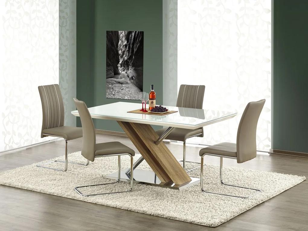 Τραπέζι Houston 217, Sonoma οξιά, Άσπρο, 76x90x160cm, 90 kg, Επεξεργασμένο γυαλί, Ινοσανίδες μέσης πυκνότητας, Μέταλλο | Epipla1.gr